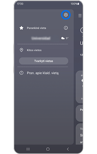Orų valdiklio nustatymų vaizdas su pažymėta nustatymų piktograma.