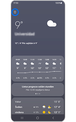 Skats uz laikapstākļu logrīka izvēlni ar izceltu izvēlnes ikonu.