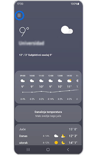 Prikaz menija vidžeta za vremensku prognozu sa istaknutom ikonom menija.