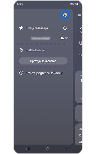 Prikaz podešavanja vidžeta za vremensku prognozu sa istaknutom ikonom podešavanja.
