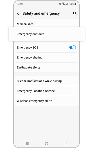 View of the Safety and emergency menu with the “Emergency contacts” option highlighted.