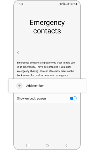 View of the Emergency contacts screen with the “Add member” option highlighted and switch button to “show on lock screen”.