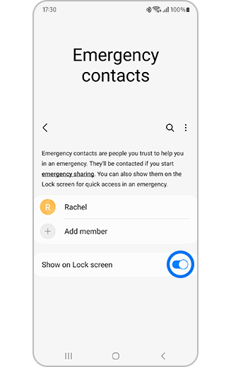 View of the “Emergency contacts” screen with the “Show on Lock screen” switch button turned on.