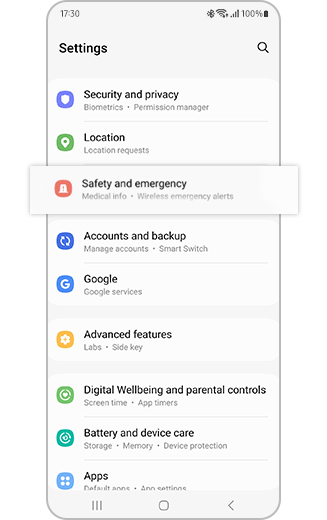 View of Samsung Galaxy settings with the “Safety and emergency” option highlighted.