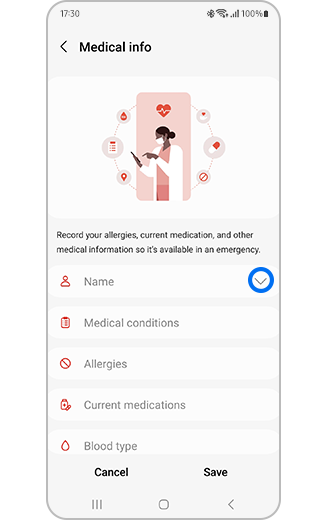 View of the Medical info menu with the “Name” option highlighted.