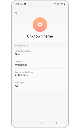 View of Samsung Galaxy emergency medical info registered on device.