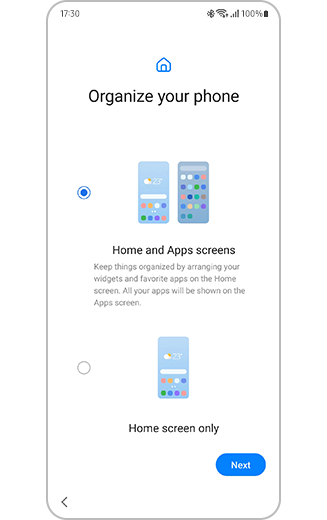 View of organize your phone set up process with options to transfer home screen and apps.