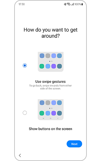 View of how to get around set up process with option to transfer swipe gestures and on the screen buttons.