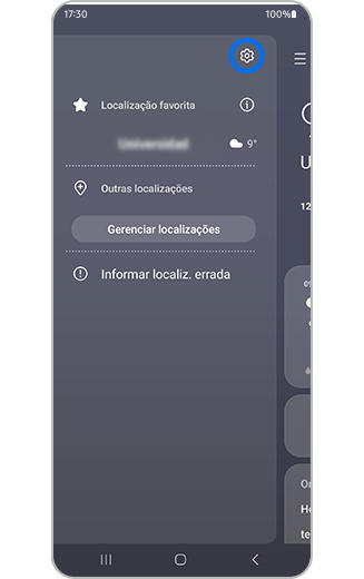 Vista das configurações do aplicativo de tempo com o ícone de configurações realçado.