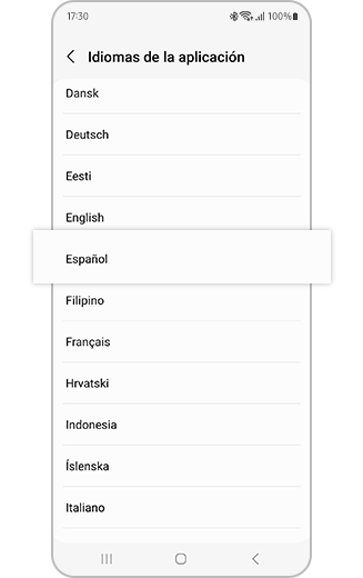 Vista de de las opciones de selección de idioma.