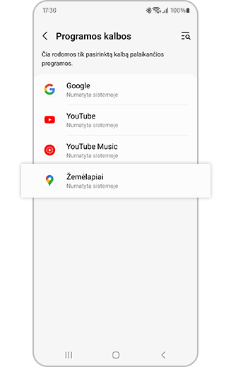 Programėlių, kurias galima pasirinkti norint pakeisti kalbą, rodinys.