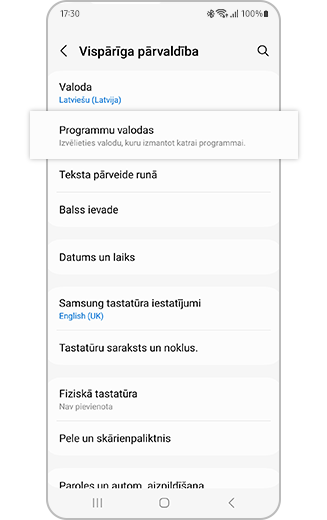 Vispārīgās pārvaldības izvēlnes skats ar izceltu opciju “Programmu valodas”.