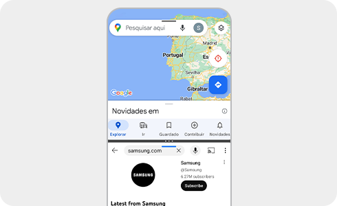 Vista do dispositivo Galaxy com idiomas diferentes no texto das aplicações.