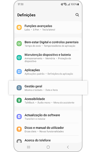 Vista do menu de Definições com a opção “Gestão geral” realçada.