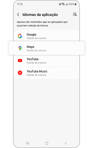 Vista das aplicações selecionáveis para alteração do idioma.