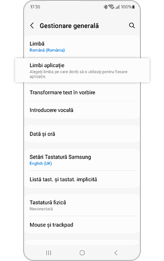 Vizualizare a meniului „Gestionare generală” cu opțiunea „Limbi aplicație” evidențiată.