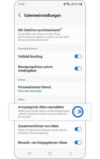 Ansicht der Option „Alben ausblenden/einblenden“ mit Ein/Aus-Schalter.