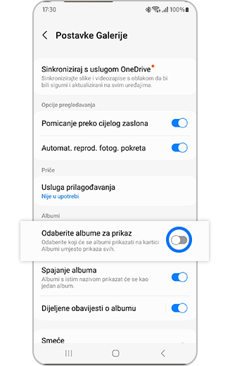 Prikaz opcije Odaberi album za prikaz s preklopnim gumbom za uključivanje i isključivanje.