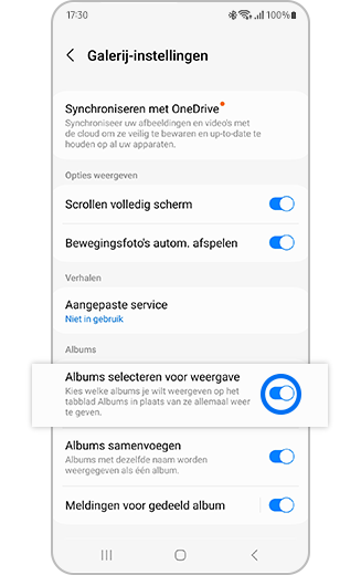 Weergave van Selecteer albums die de functie toont met wisselknop in Galerij-instellingen.
