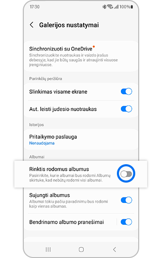 „Pasirinkti albumus, kurie bus rodomi“ parinkties su įjungimo ir išjungimo perjungikliu rodinys.