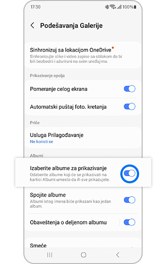 Prikaz funkcije Odabir albuma za prikaz sa prekidačem za uključivanje i isključivanje u okviru podešavanja Galerije.