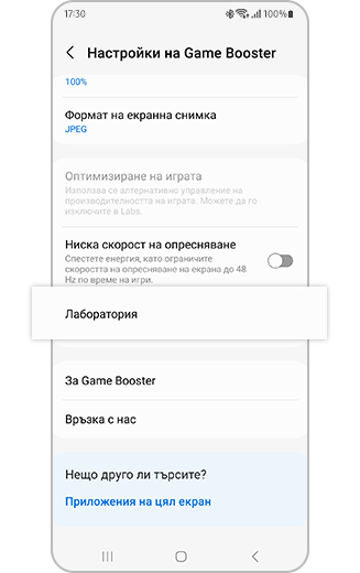 Изглед на опцията „Лаборатории“ в настройките за подсилване на играта.