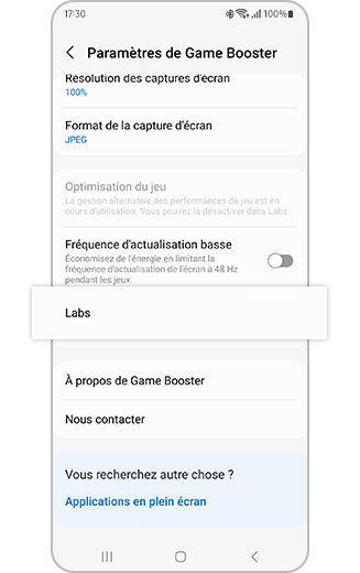 Aperçu de l'option Labs dans les paramètres de Game Booster.