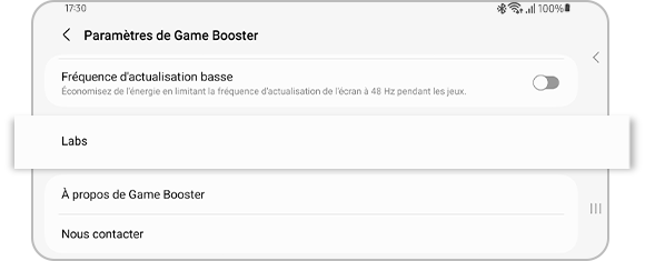 Aperçu de l'option Labs dans les Paramètres de Game Booster.