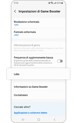 Visualizzazione dell'opzione Labs nelle impostazioni di Game Booster.