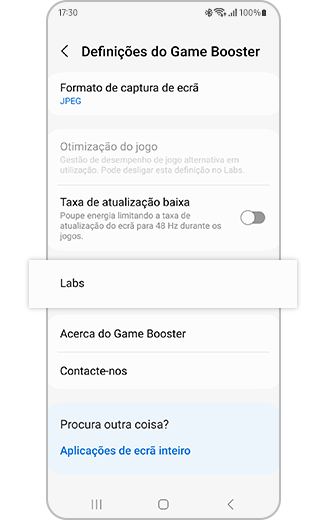 Vista da opção Labs nas definições do Game Booster.
