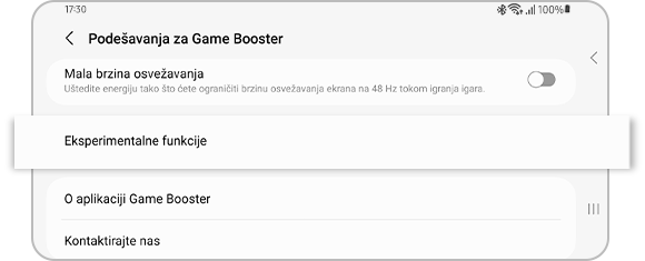 Prikaz opcije „Eksperimentalne funkcije“u okviru podešavanja za Game Booster.
