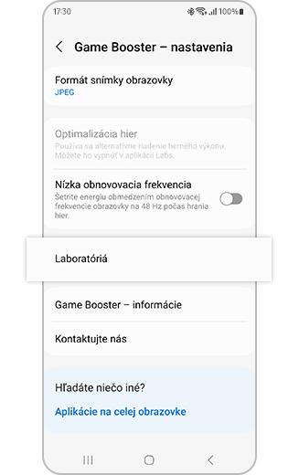 Zobrazenie možnosti Labs v nastaveniach funkcie Game Booster.