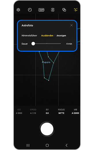 Kamerabildschirm mit Astrofotografie-Einstellungen.