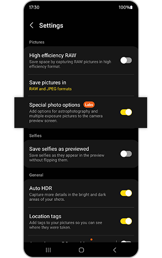 View of expert RAW app settings and special photo options.