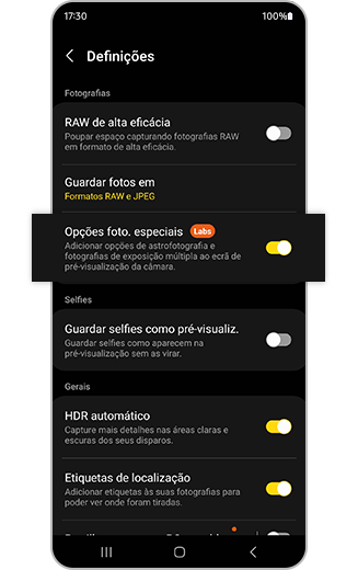 Vista das definições e opções de foto especiais da aplicação Expert RAW.
