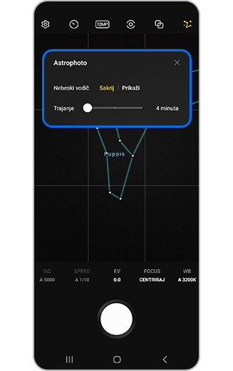 Prikaz ekrana kamere sa podešavanjima astrofotografije.