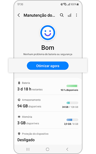 Vista de Bateria e da funcionalidade Otimizar agora do dispositivo.