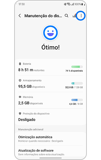 Vista do ícone de mais opções em Manutenção do dispositivo.