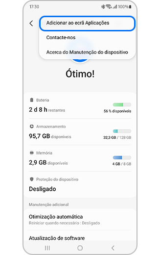 Vista do menu de mais opções em Manutenção do dispositivo com Adicionar ao ecrã Aplicações destacado.