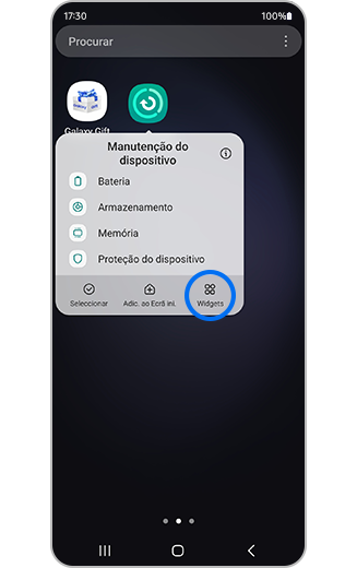 Vista da opção de visualização do widget de Manutenção do dispositivo.