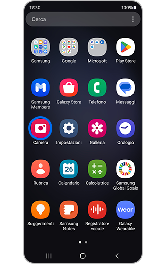 Vista dell'icona dell'app Camera sulla schermata iniziale.