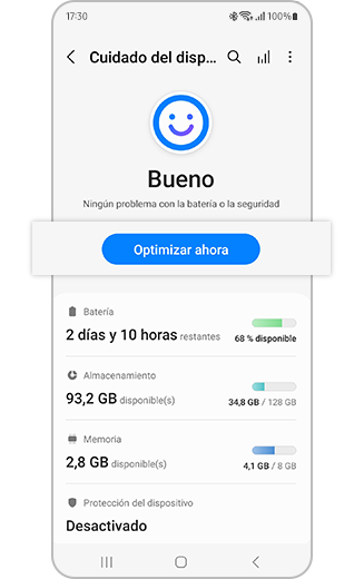 Vista de la función Optimizar ahora en Batería y dispositivo