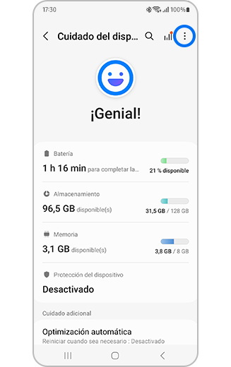 Vista del ícono de más opciones en Cuidado del dispositivo
