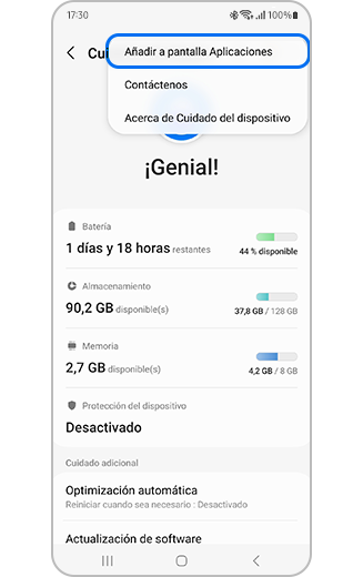 Vista del menú Más opciones en Cuidado del dispositivo con Agregar a pantalla de aplicaciones resaltada