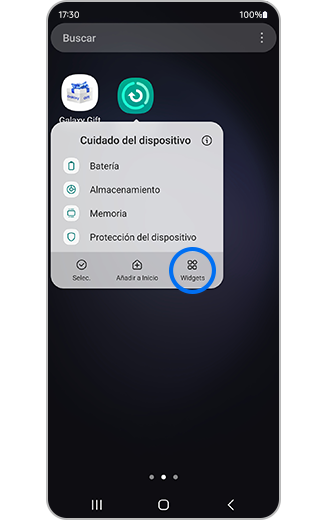 Vista de la opción de visualización del widget de Cuidado del dispositivo