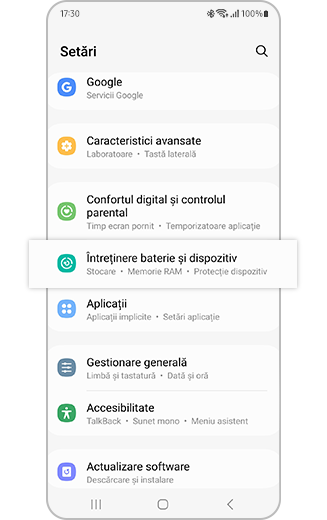 Vedere cu opțiunea Întreținere baterie și dispozitiv evidențiată.