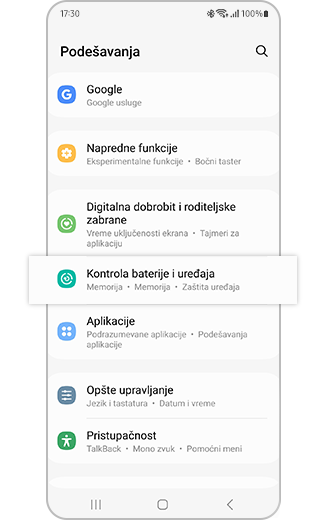 Prikaz istaknute opcije „Kontrola baterije i uređaja“.
