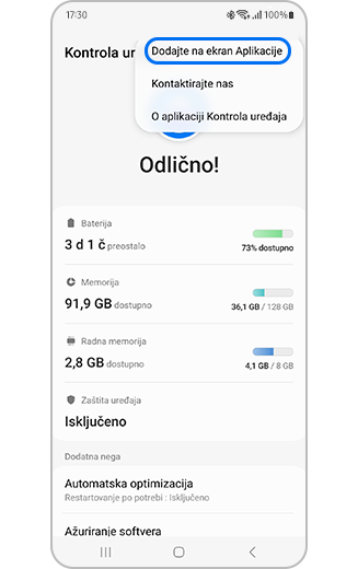 Prikaz menije više opcija pod opcijom „Kontrola uređaja“ sa istaknutom opcijom „Dodajte na ekran Aplikacije“.