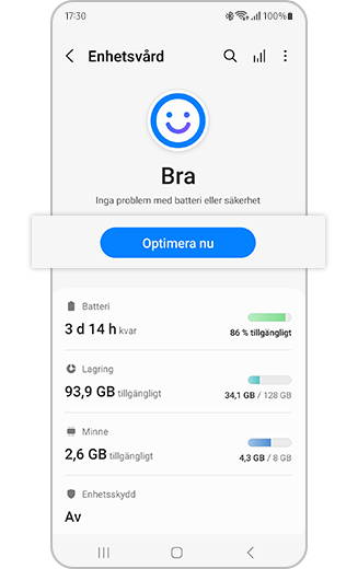 Vy över batteri och enhet och dess Optimera nu-funktion.