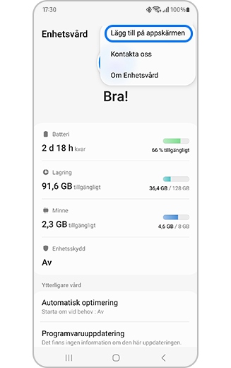 Vy över menyn för fler alternativ i Enhetsvård med Lägg till på appskärmen markerad.